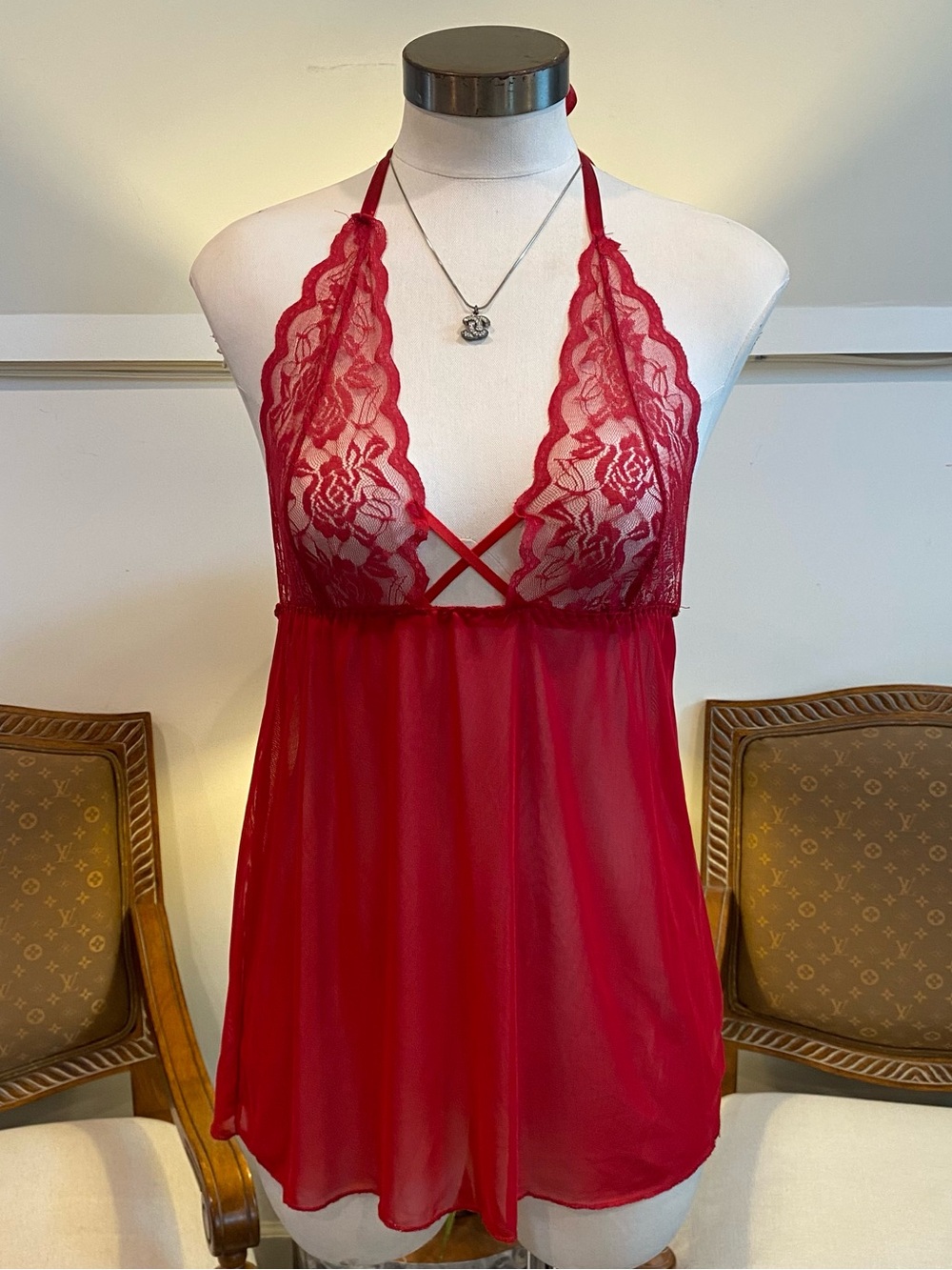 Red Lace & Cotton Halter Babydoll Chemise - Women's Intimates